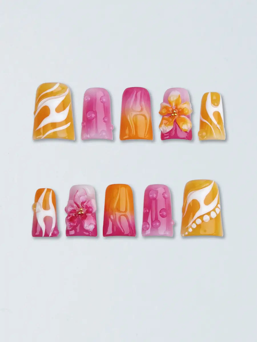 Orange Pink Flame 3D Floral Press On Nails – Ubeety Sweet Cool Series