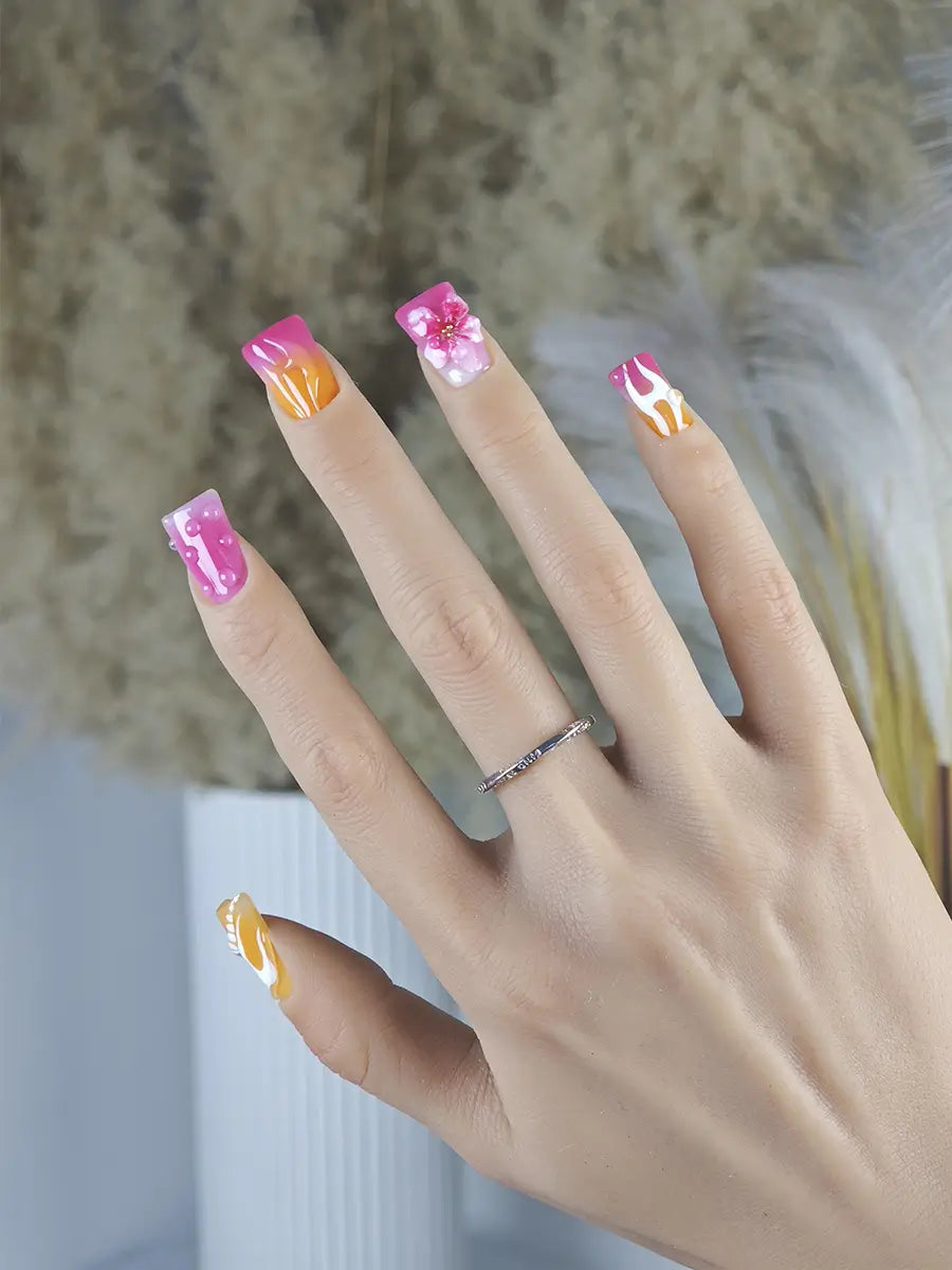 Orange Pink Flame 3D Floral Press On Nails – Ubeety Sweet Cool Series