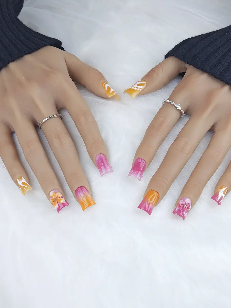 Orange Pink Flame 3D Floral Press On Nails – Ubeety Sweet Cool Series