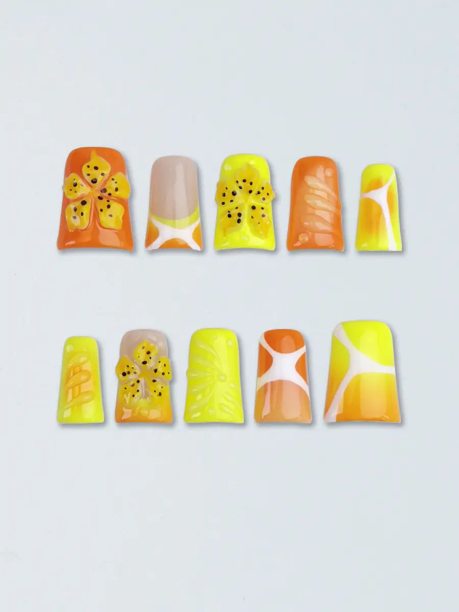 Fluorescent Orange & Yellow 3D Floral Geometric Duck Nails – Vibrant & Trendy Press On Set