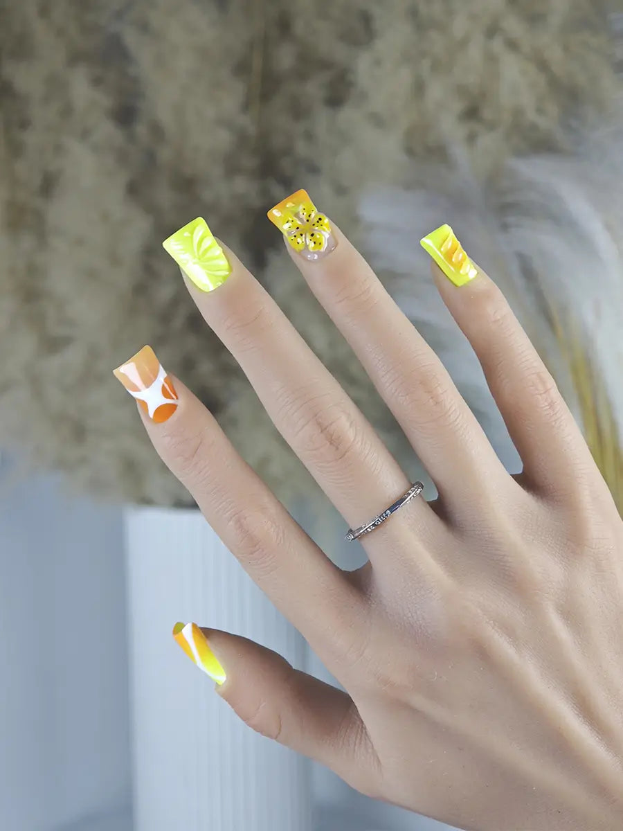 Fluorescent Orange & Yellow 3D Floral Geometric Duck Nails – Vibrant & Trendy Press On Set