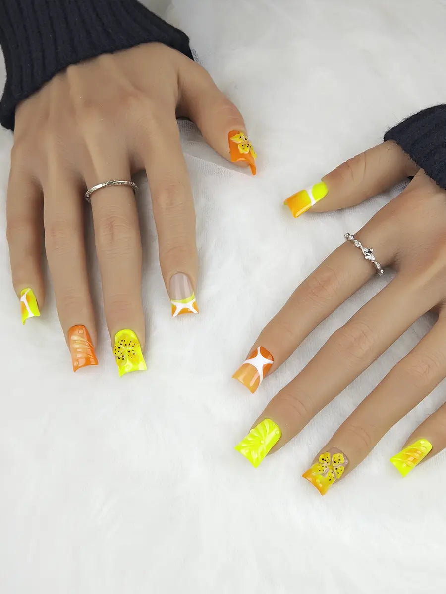 Fluorescent Orange & Yellow 3D Floral Geometric Duck Nails – Vibrant & Trendy Press On Set