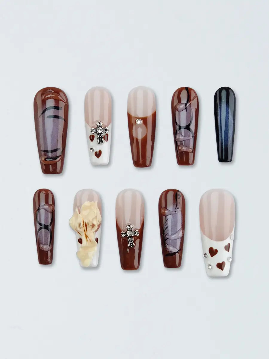 Brown Purple Contrast Press-On Nails – Extra Long Luxury 3D Floral & Metal Cross