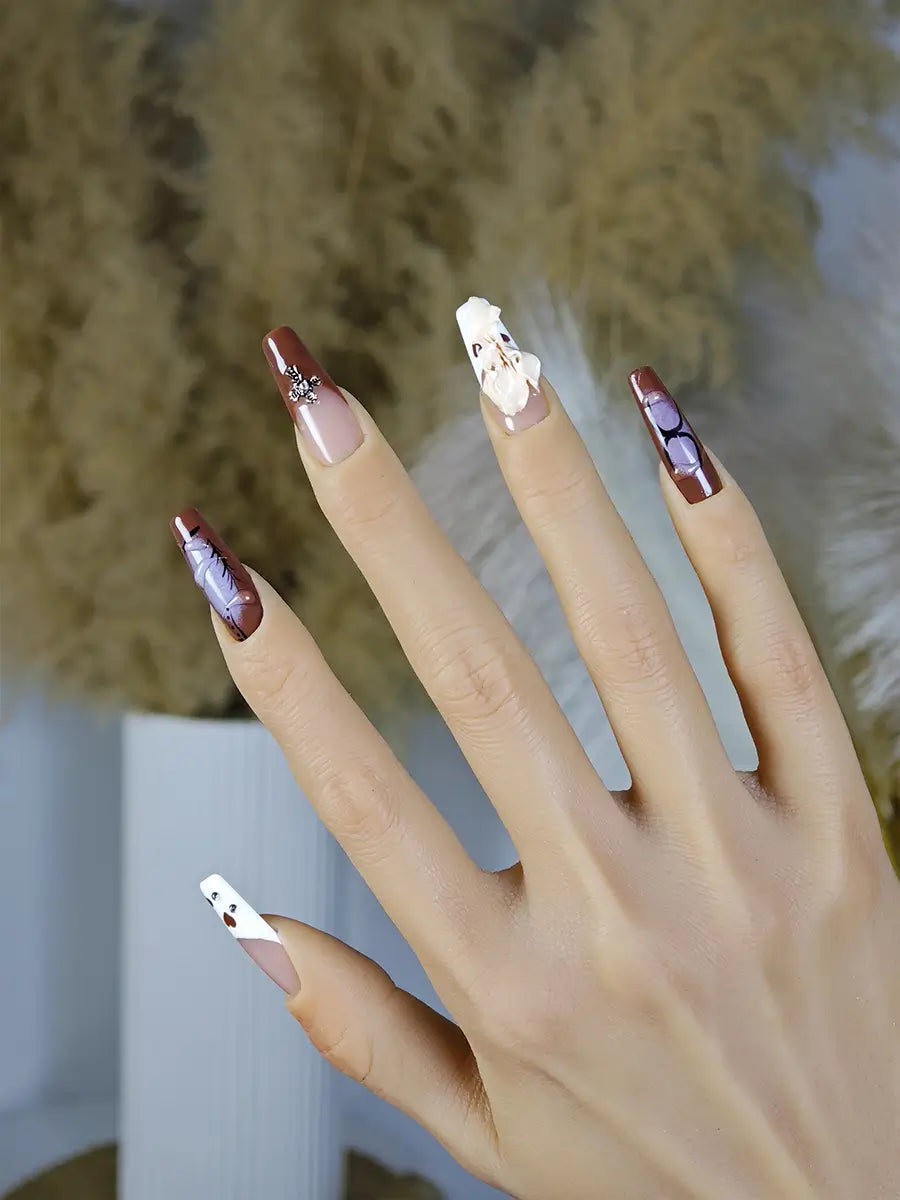 Brown Purple Contrast Press-On Nails – Extra Long Luxury 3D Floral & Metal Cross