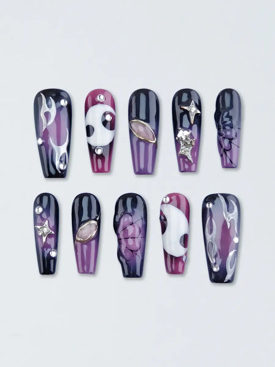 Purple & Black Gradient Press-On Nails with Metal Star Gems – Long Stiletto Art Style
