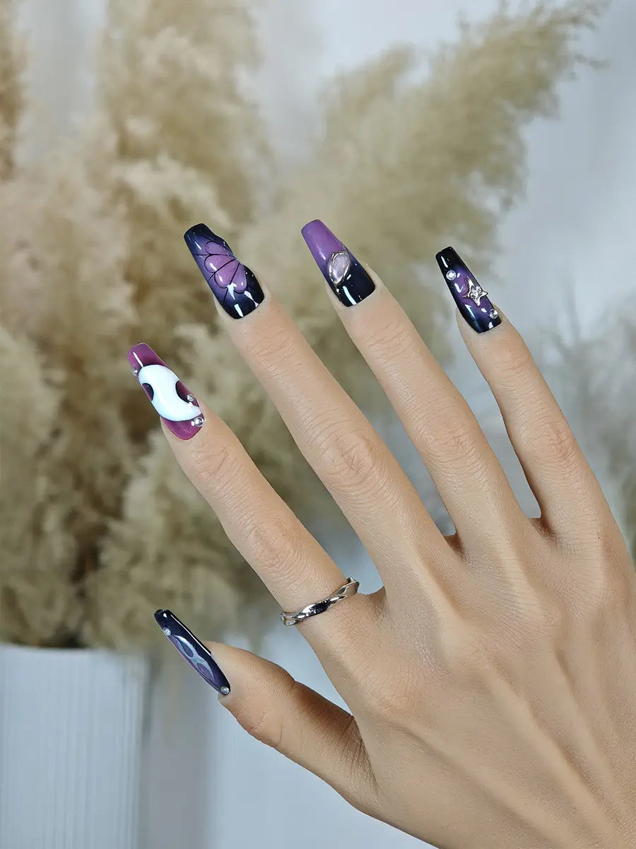 Purple & Black Gradient Press-On Nails with Metal Star Gems – Long Stiletto Art Style