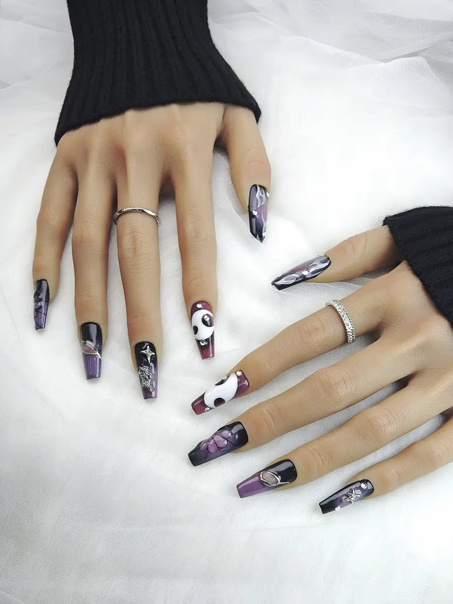 Purple & Black Gradient Press-On Nails with Metal Star Gems – Long Stiletto Art Style