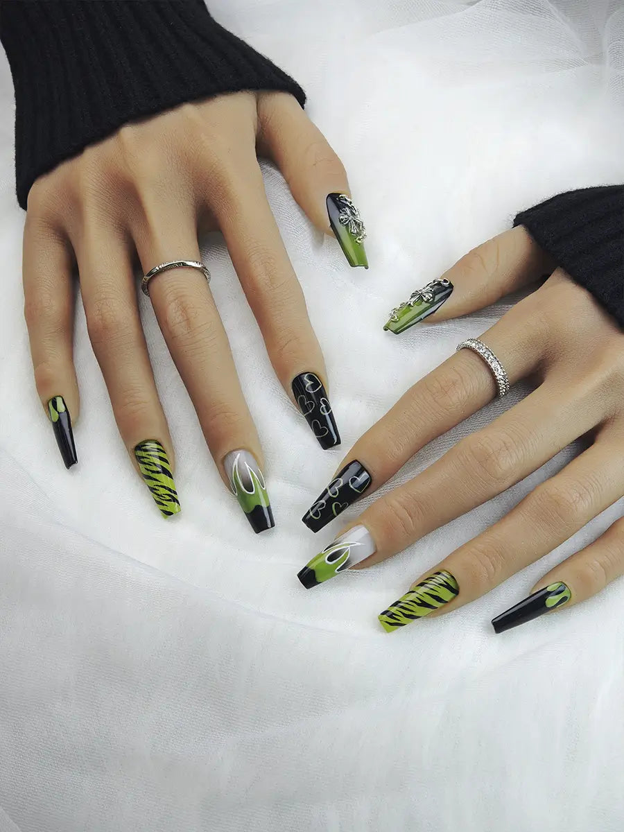 Black & Green Contrast Press-On Nails with Metal Cross & Chains – Extra Long Stiletto Dark Style
