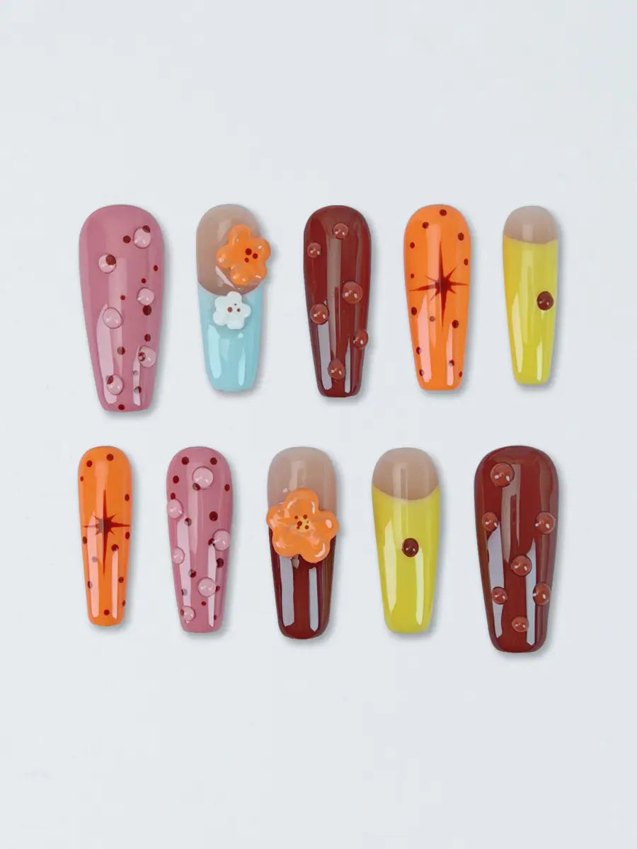 Multicolor Contrast Art Stiletto Press-On Nails – 3D Flowers & Polka Dots