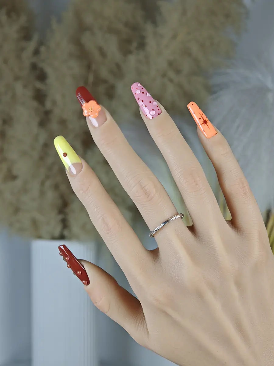 Multicolor Contrast Art Stiletto Press-On Nails – 3D Flowers & Polka Dots