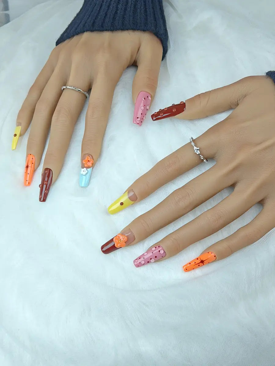 Multicolor Contrast Art Stiletto Press-On Nails – 3D Flowers & Polka Dots