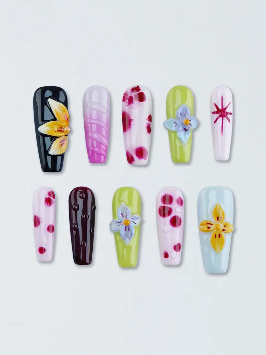Color-Block Floral Press-On Nails – Extra Long Stiletto Art Gradient & Polka Dots