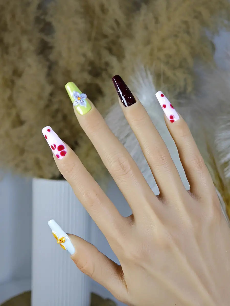 Color-Block Floral Press-On Nails – Extra Long Stiletto Art Gradient & Polka Dots