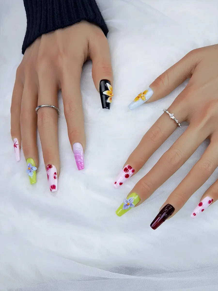 Color-Block Floral Press-On Nails – Extra Long Stiletto Art Gradient & Polka Dots