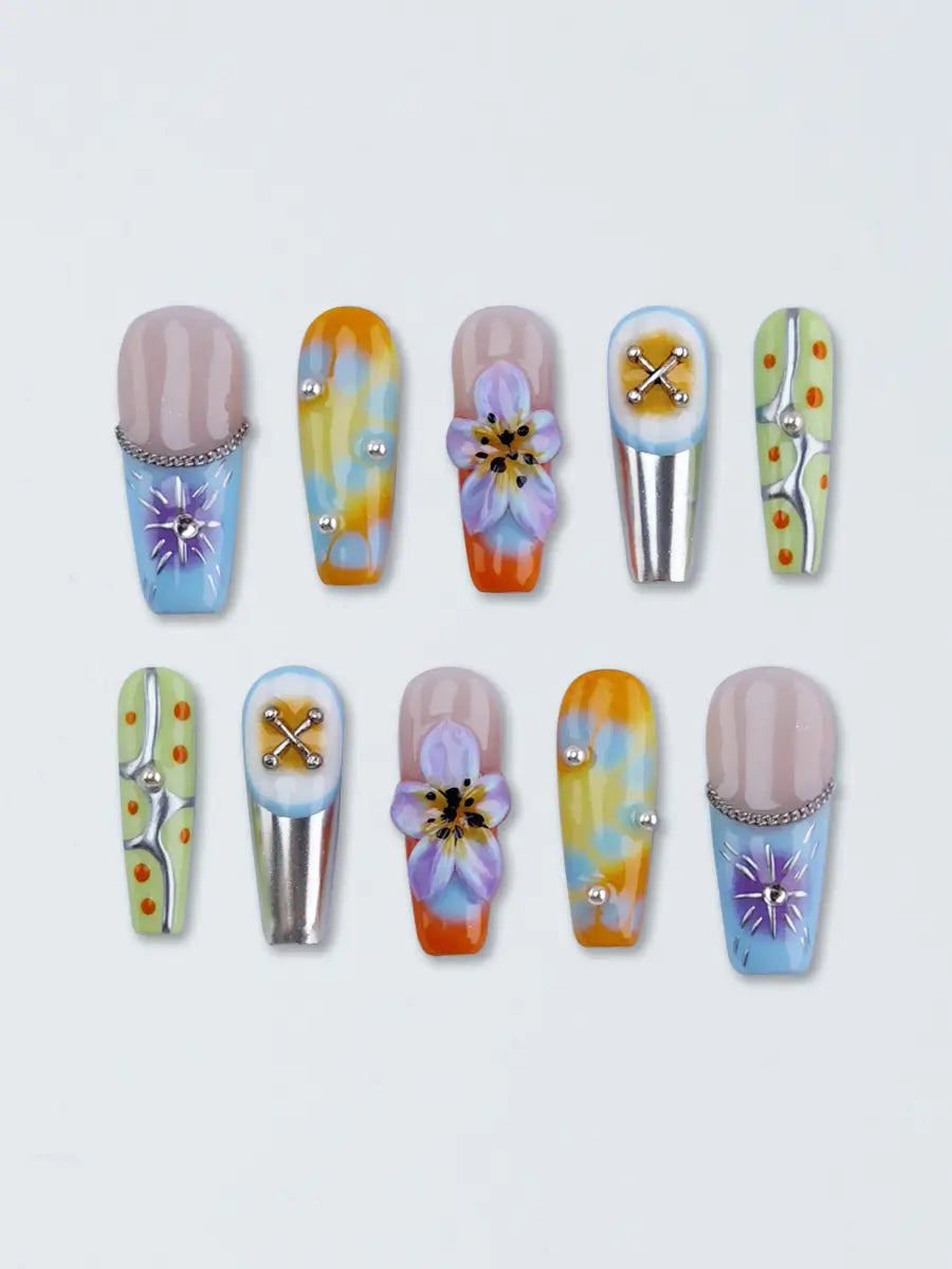 Color-Block Art Press-On Nails – Extra Long Stiletto with 3D Flowers & Metal Chains
