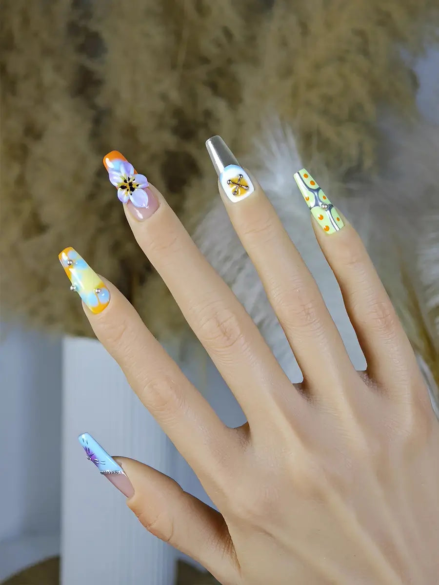Color-Block Art Press-On Nails – Extra Long Stiletto with 3D Flowers & Metal Chains