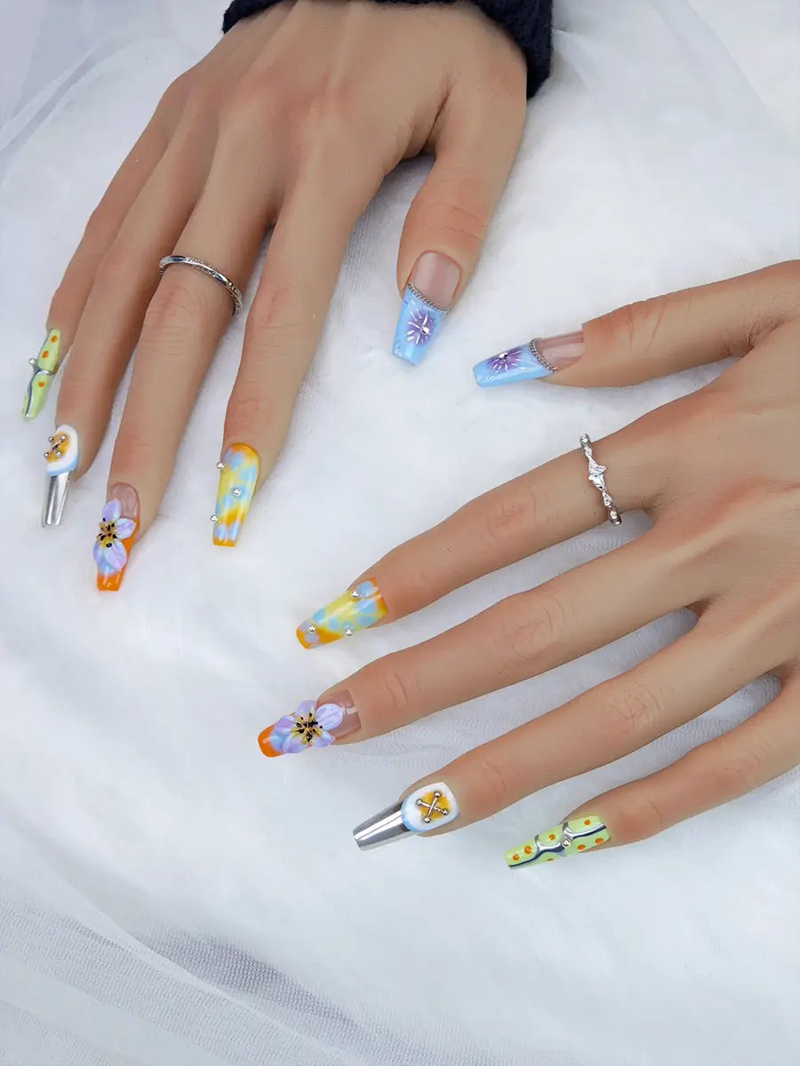 Color-Block Art Press-On Nails – Extra Long Stiletto with 3D Flowers & Metal Chains