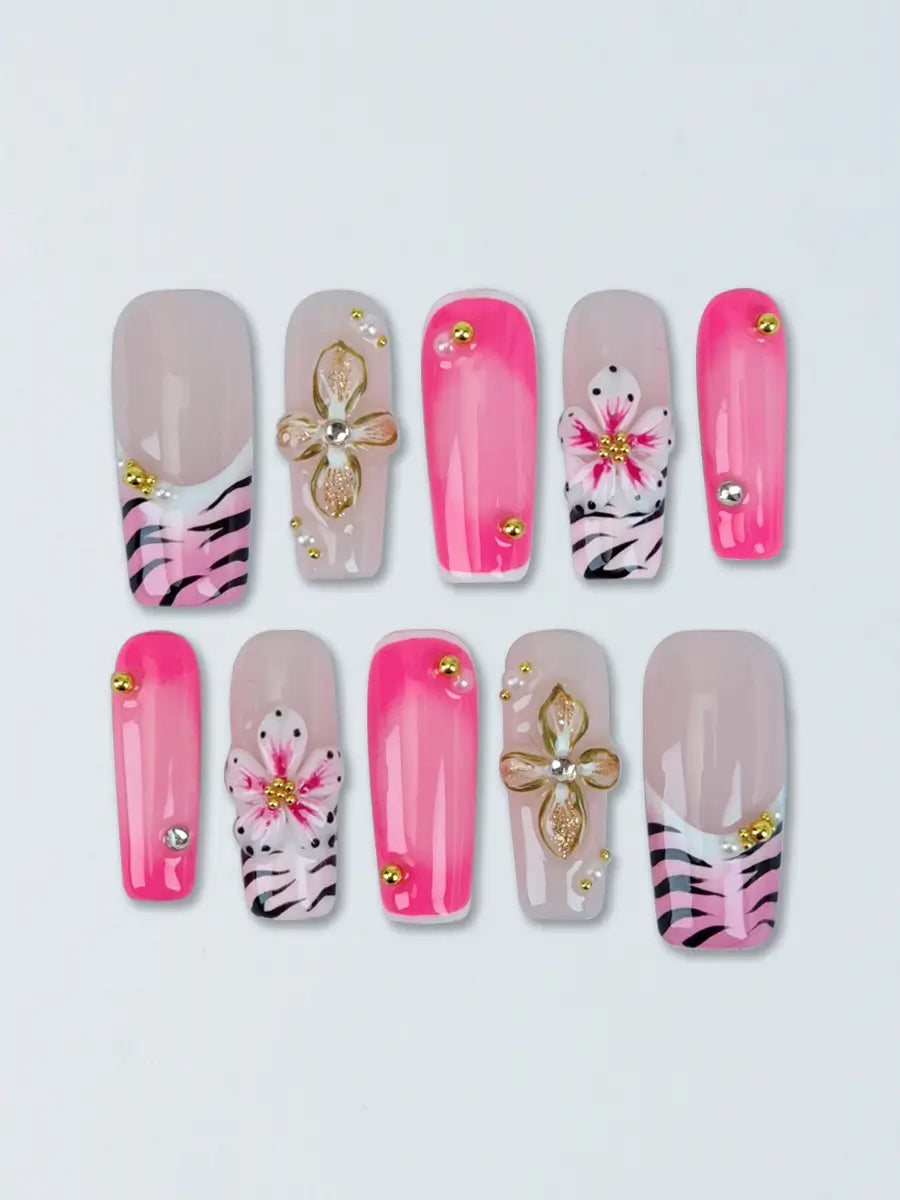Pink & White 3D Flower Tiger Print Press-On Nails – Long Square with Rhinestones