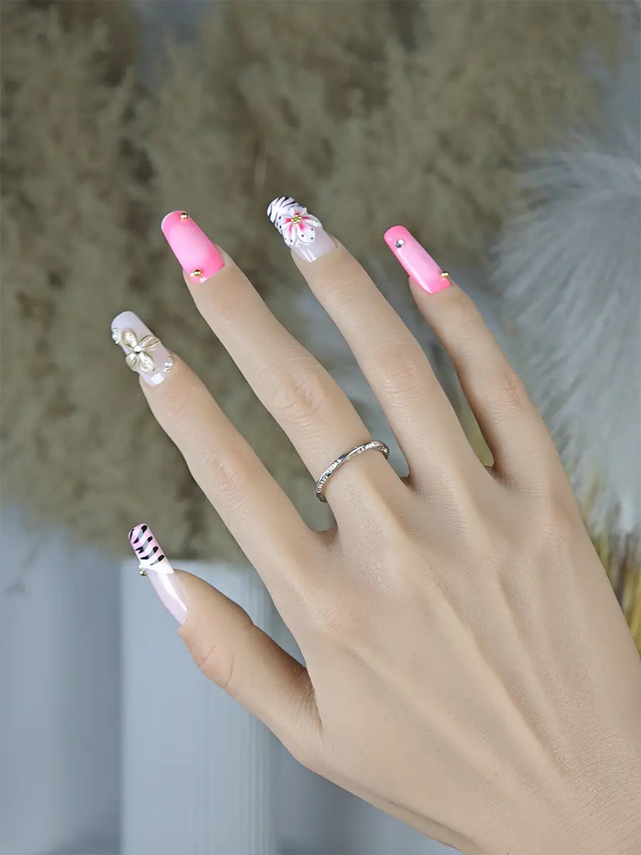 Pink & White 3D Flower Tiger Print Press-On Nails – Long Square with Rhinestones