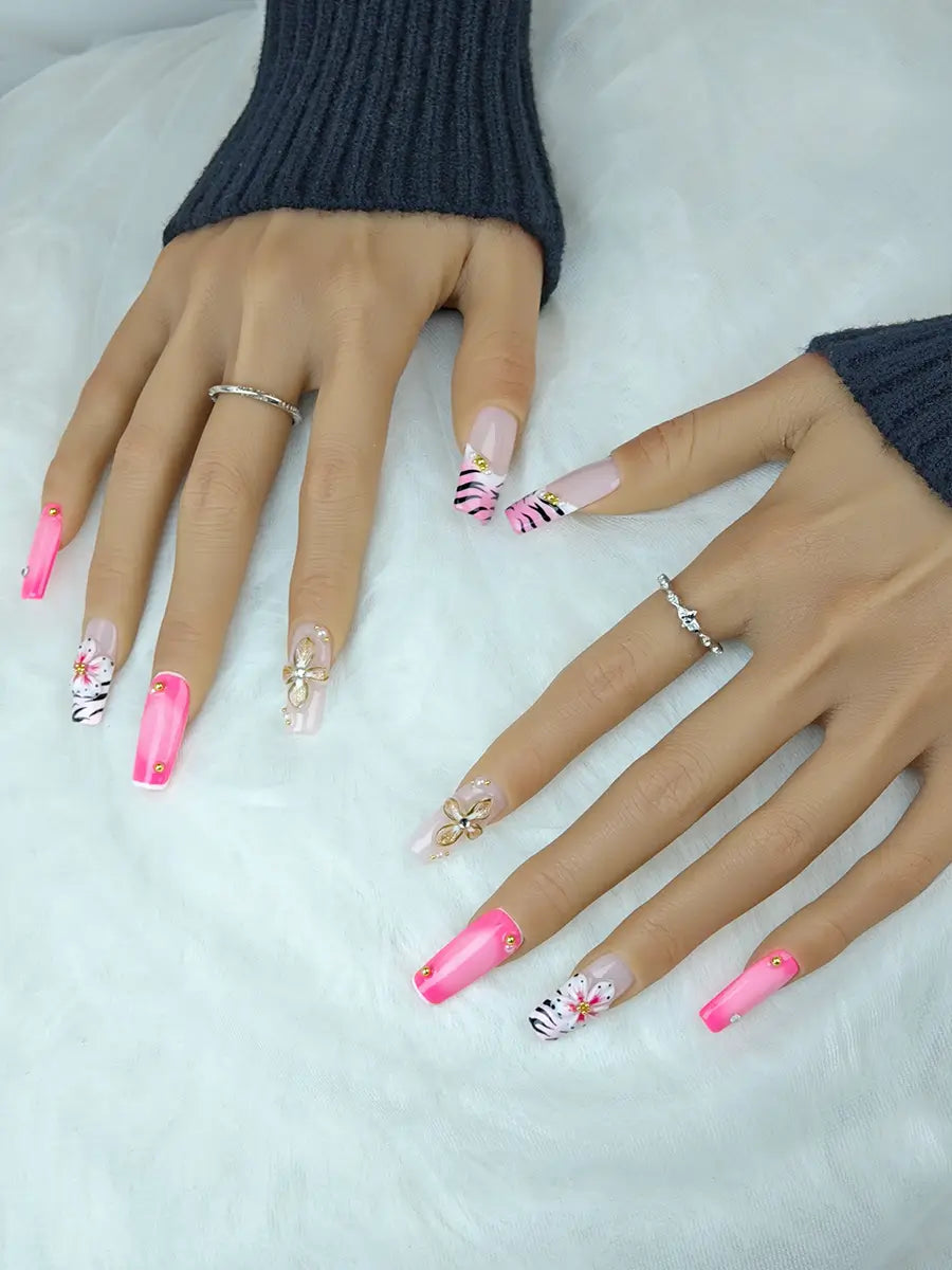 Pink & White 3D Flower Tiger Print Press-On Nails – Long Square with Rhinestones