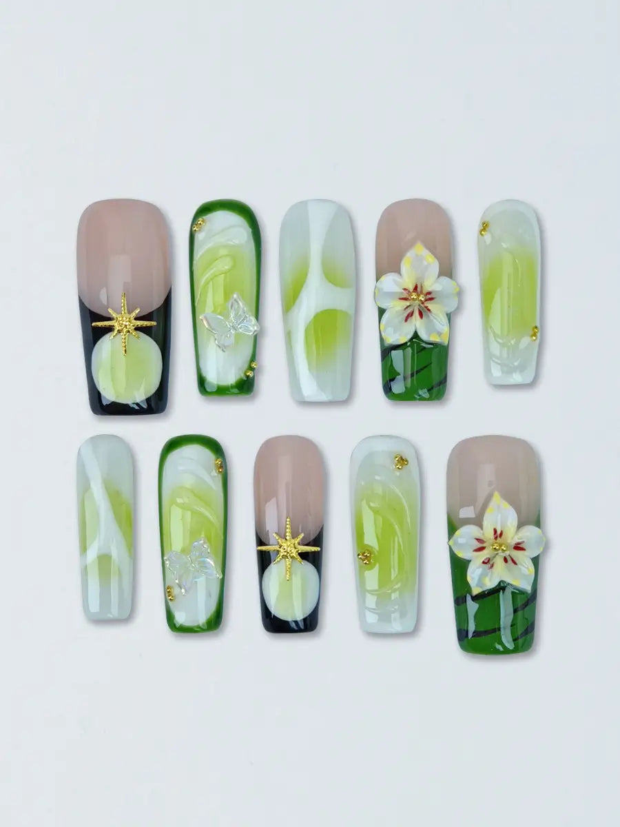 Green Pink Gradient 3D Butterfly Press-On Nails – Long Square, Elegant & Luxury Style