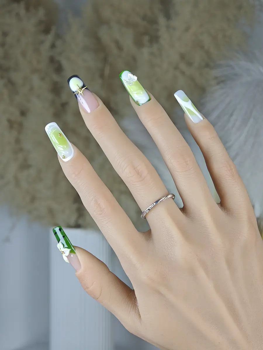 Green Pink Gradient 3D Butterfly Press-On Nails – Long Square, Elegant & Luxury Style