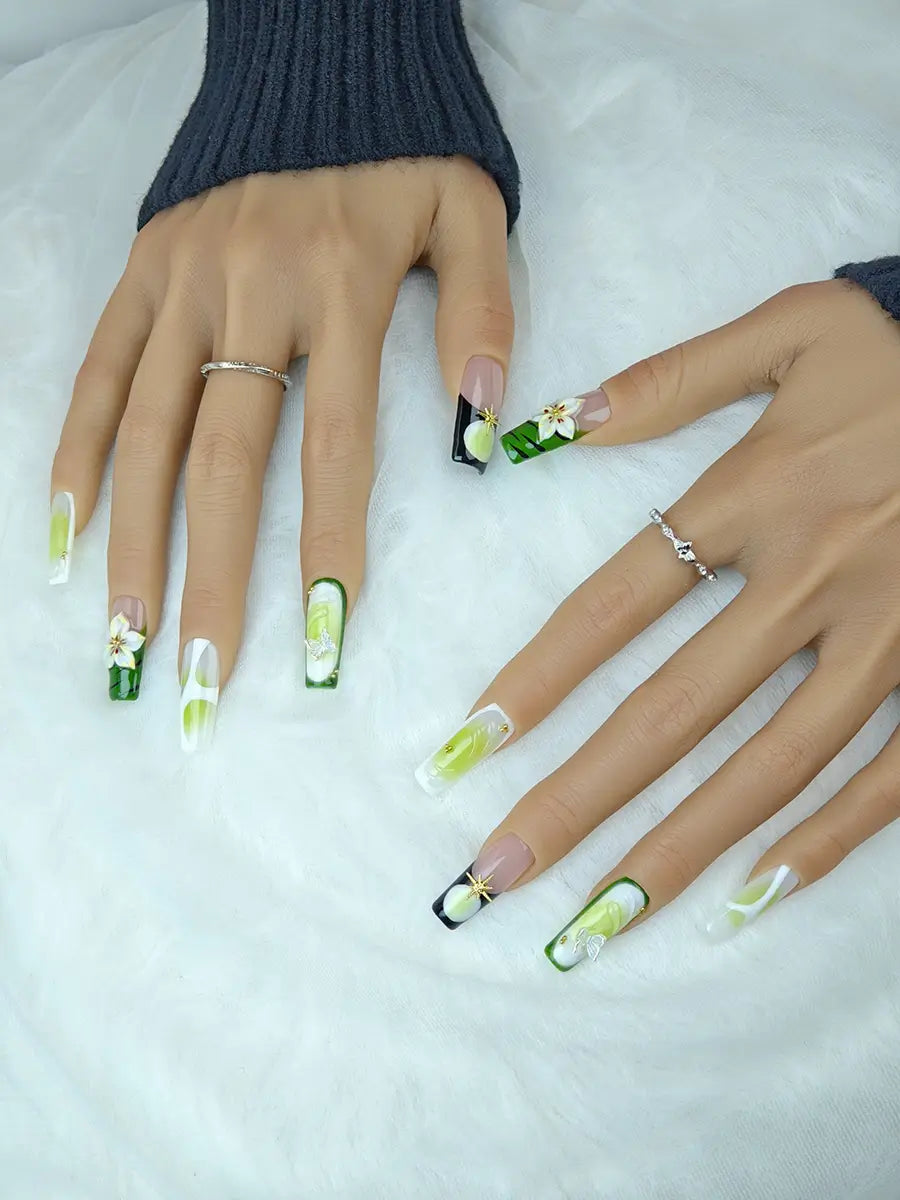 Green Pink Gradient 3D Butterfly Press-On Nails – Long Square, Elegant & Luxury Style