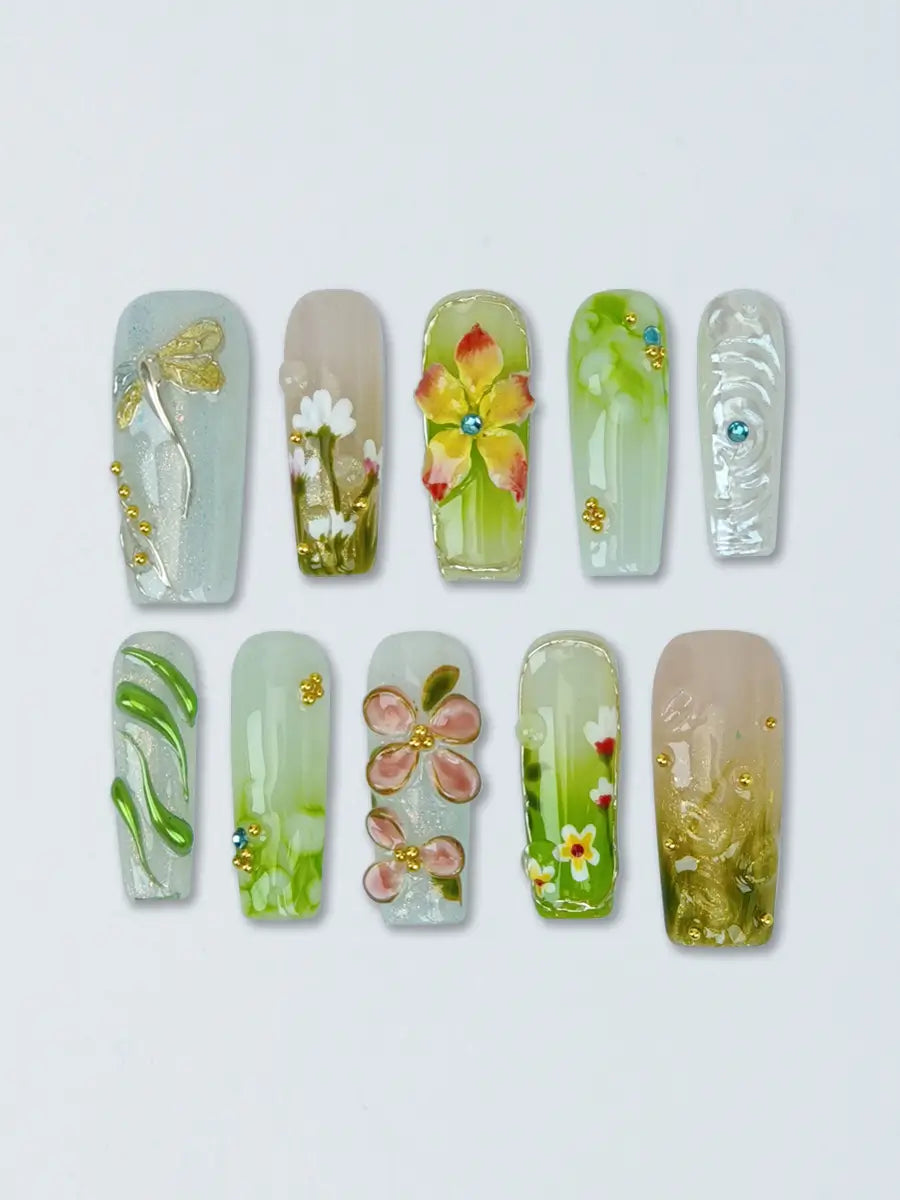 Spring Green Floral Press-On Nails – 3D Dragonfly Gold Accents Long Square