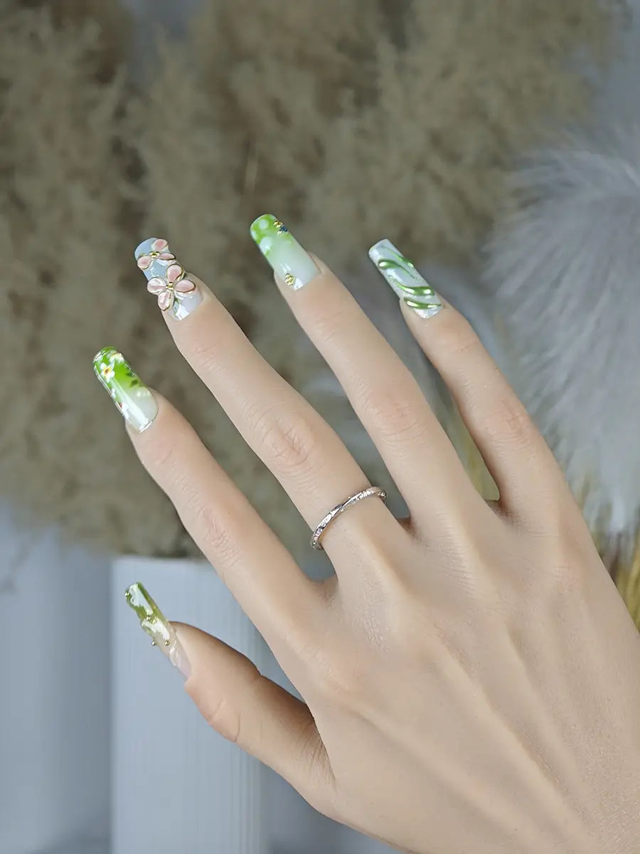 Spring Green Floral Press-On Nails – 3D Dragonfly Gold Accents Long Square