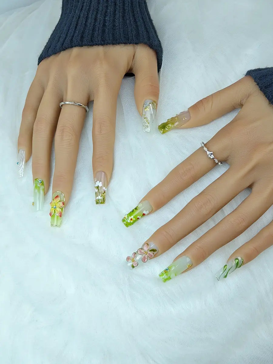 Spring Green Floral Press-On Nails – 3D Dragonfly Gold Accents Long Square