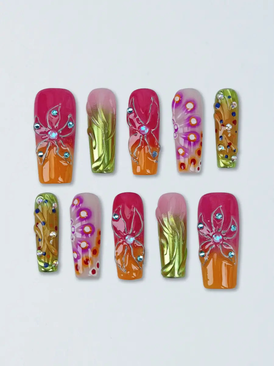 Multicolor 3D Flower Press-On Nails – Artistic Long Square with Rhinestones