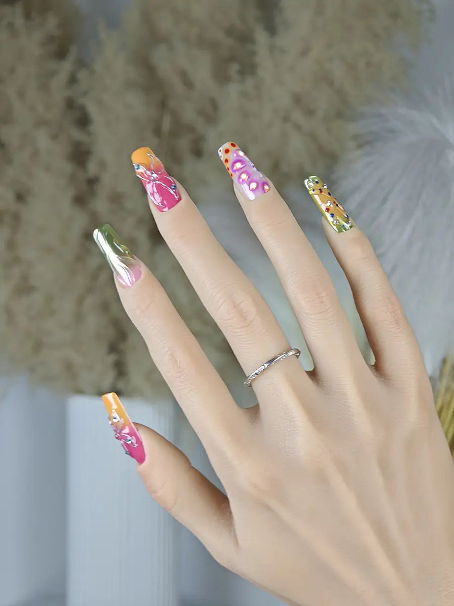 Multicolor 3D Flower Press-On Nails – Artistic Long Square with Rhinestones
