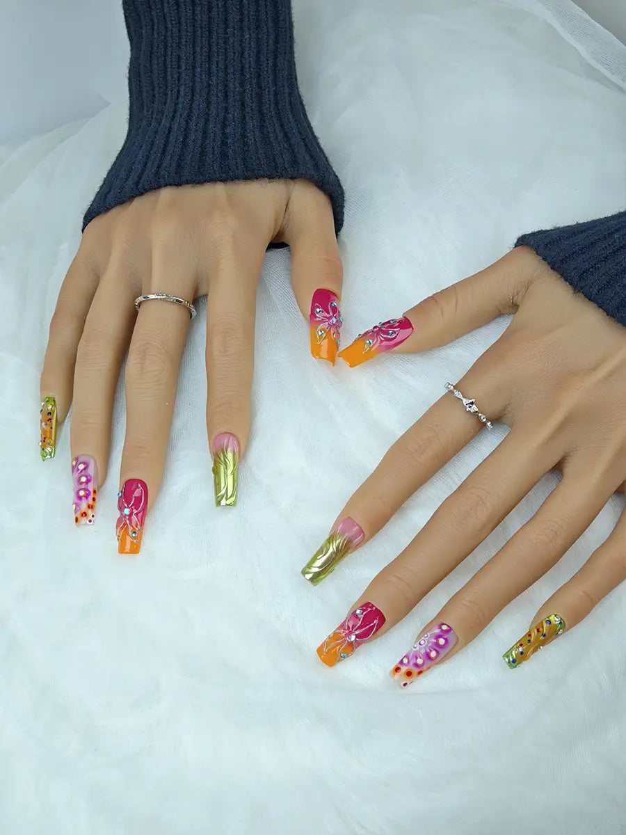 Multicolor 3D Flower Press-On Nails – Artistic Long Square with Rhinestones