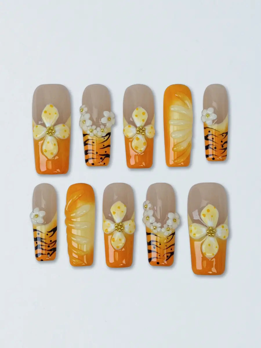 Orange & Brown 3D Flower Press-On Nails – Tiger Print Long Square with Gold Accents