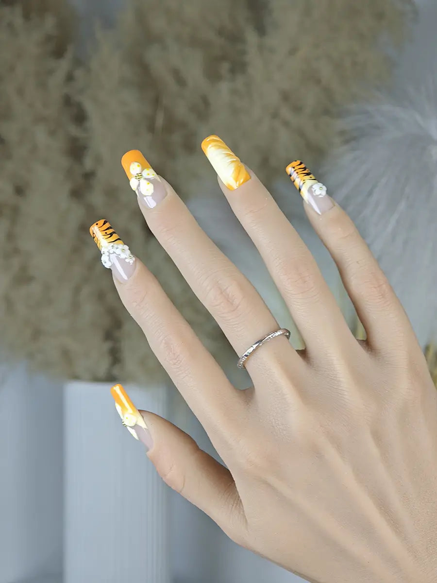 Orange & Brown 3D Flower Press-On Nails – Tiger Print Long Square with Gold Accents