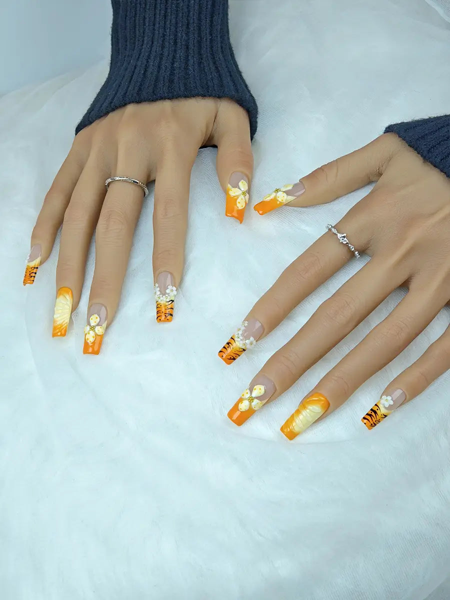 Orange & Brown 3D Flower Press-On Nails – Tiger Print Long Square with Gold Accents