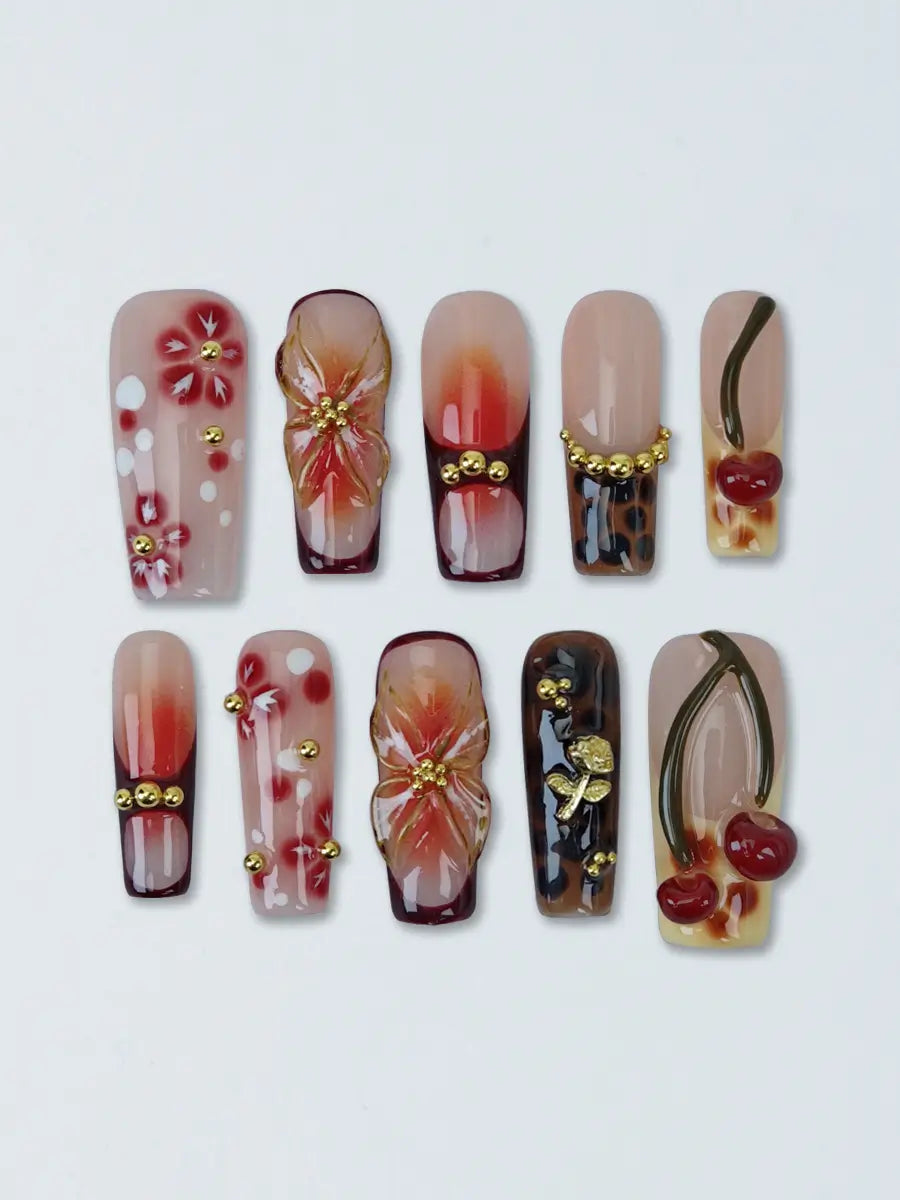 Red & Brown 3D Flower Cherry Press-On Nails – Long Square with Gold Accents