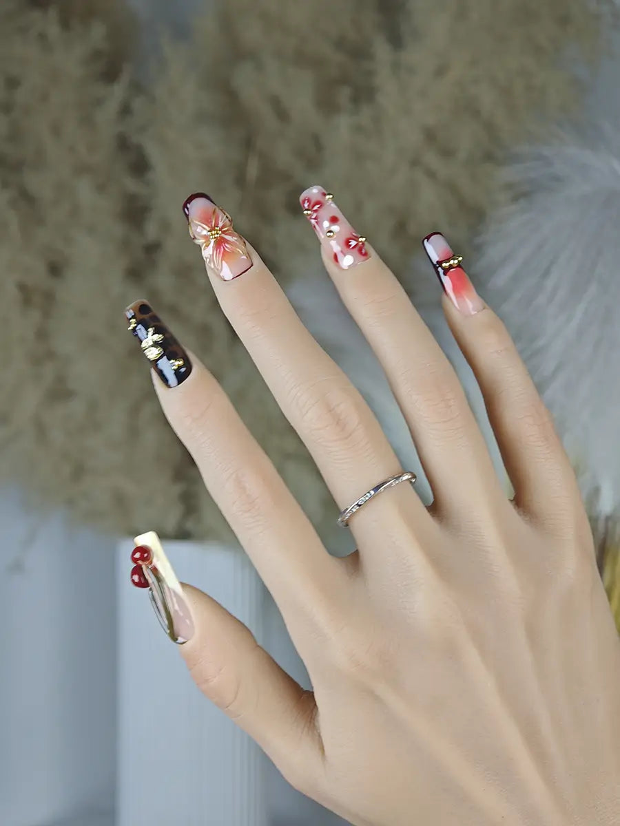 Red & Brown 3D Flower Cherry Press-On Nails – Long Square with Gold Accents