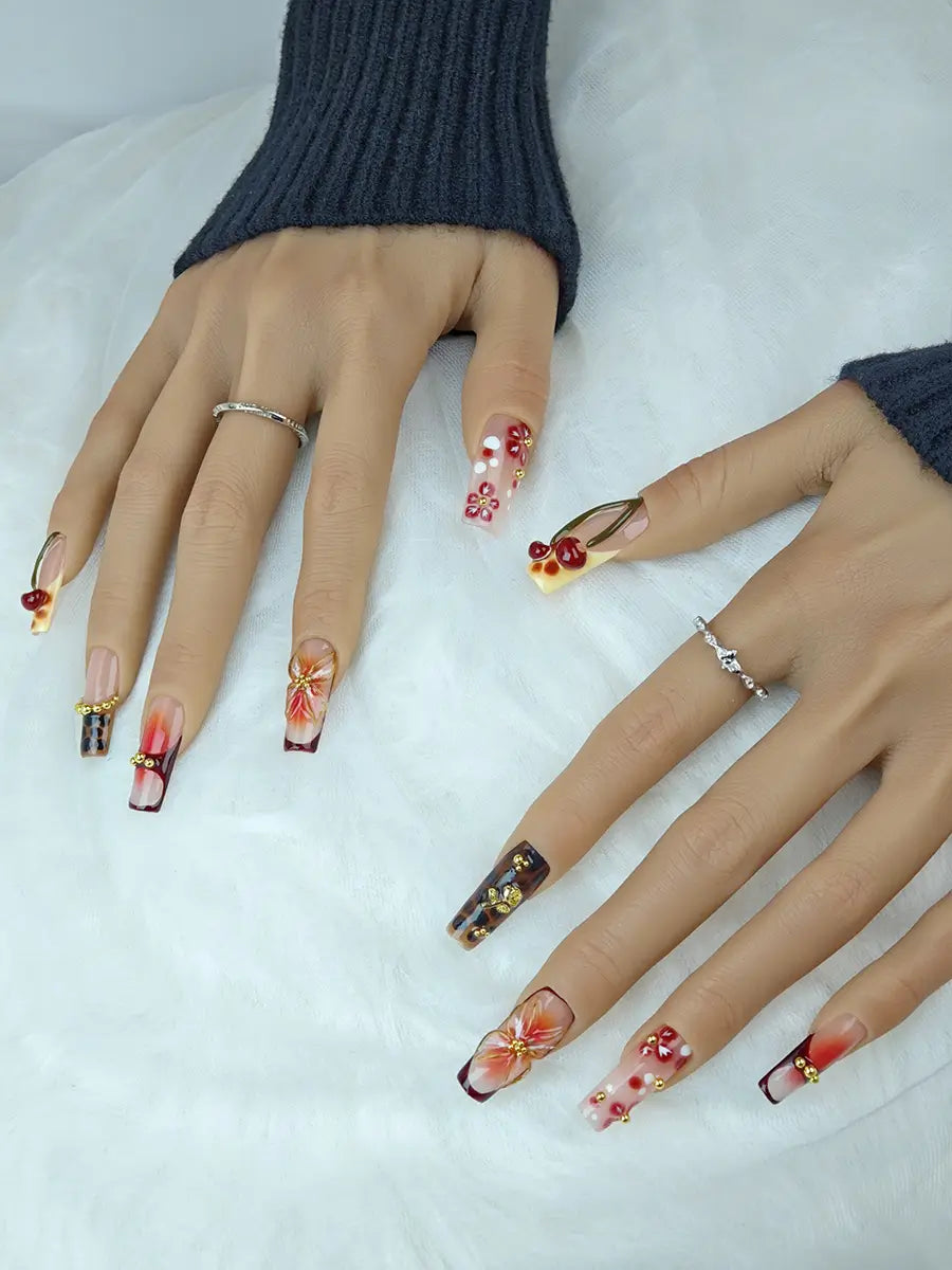 Red & Brown 3D Flower Cherry Press-On Nails – Long Square with Gold Accents