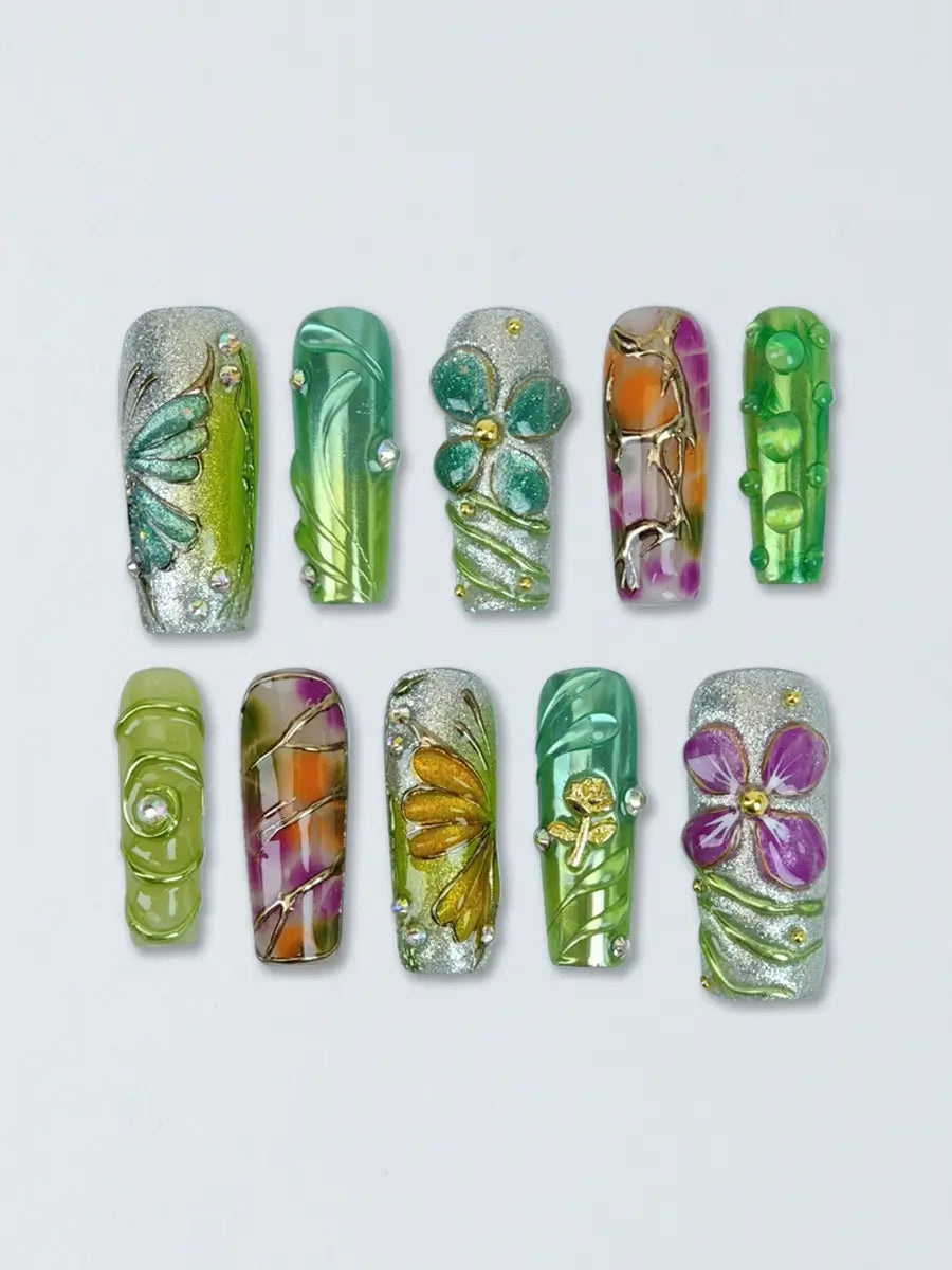 Green & Purple 3D Flower Butterfly Press-On Nails – Long Square Luxury Style