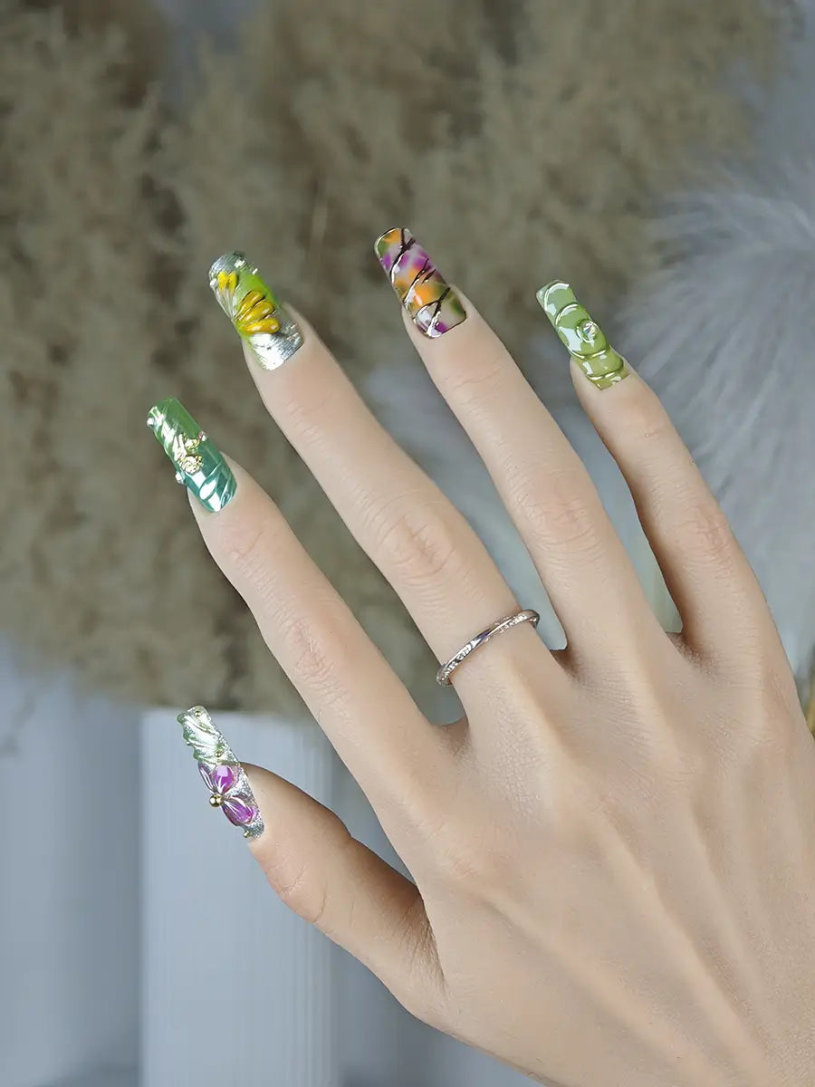 Green & Purple 3D Flower Butterfly Press-On Nails – Long Square Luxury Style