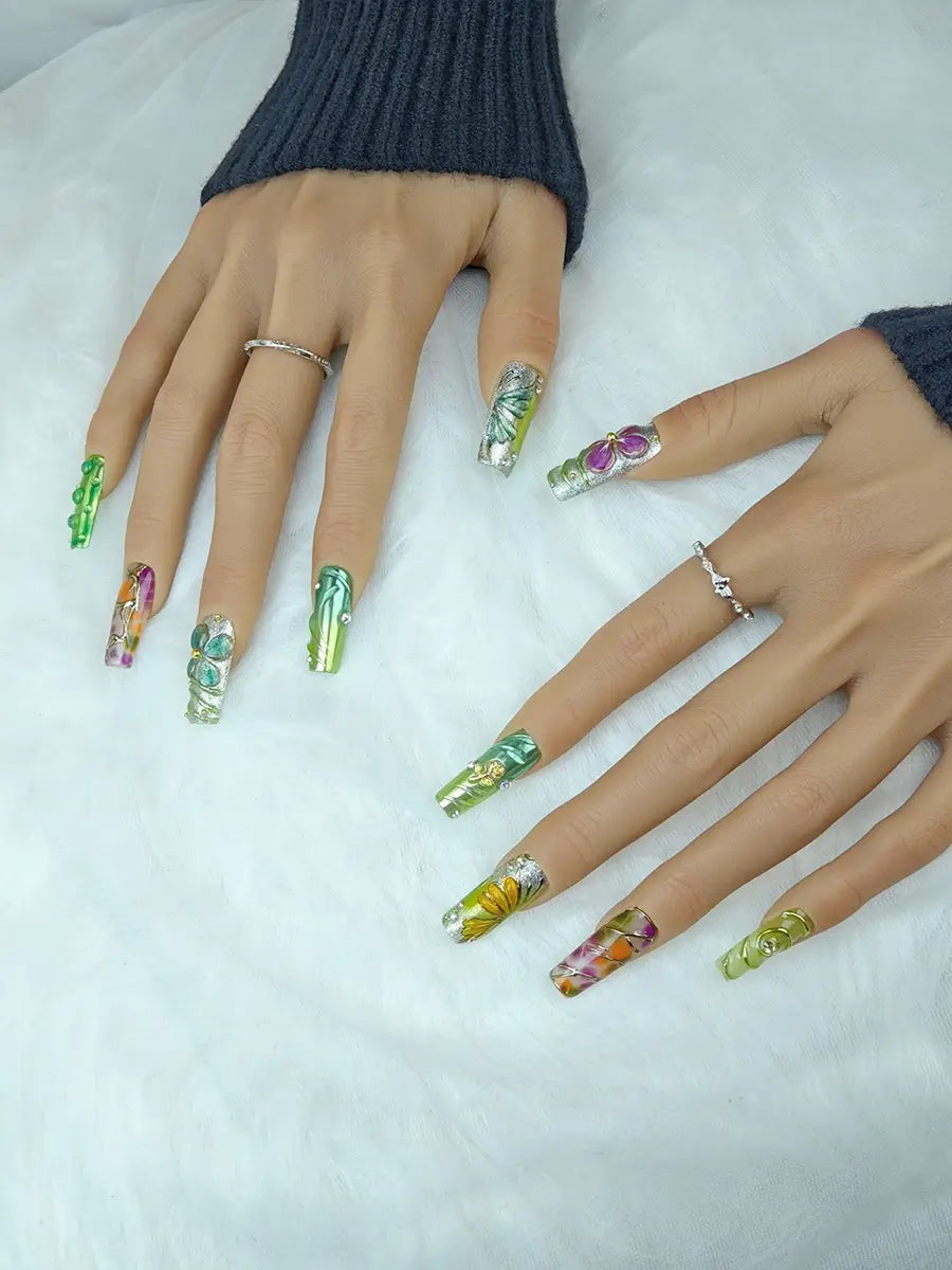 Green & Purple 3D Flower Butterfly Press-On Nails – Long Square Luxury Style