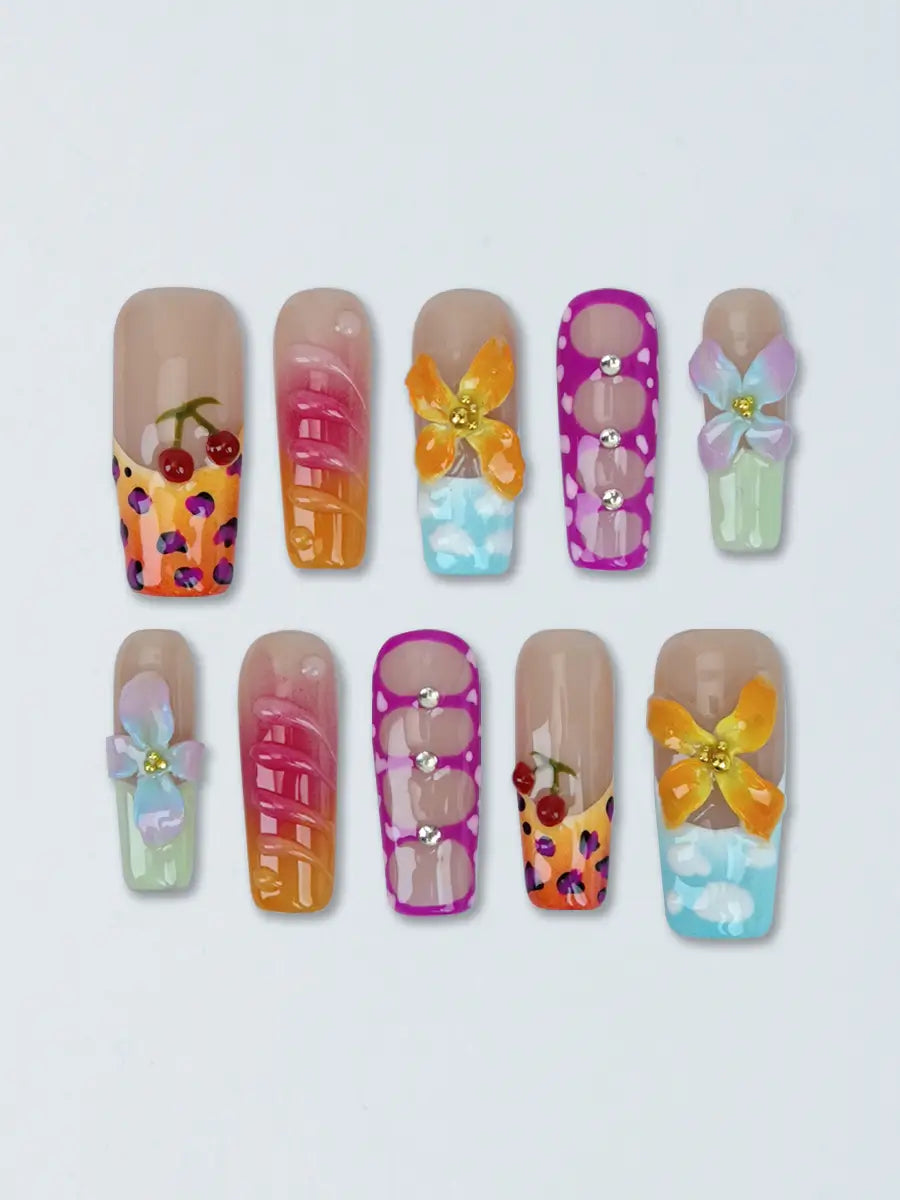 Colorful 3D Element Press-On Nails – Long Square, Sweet & Cool Style