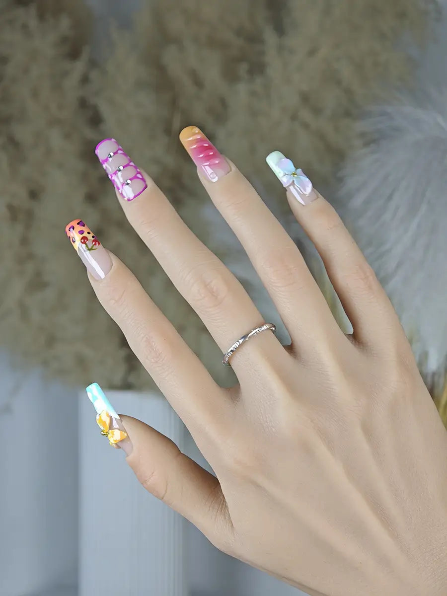 Colorful 3D Element Press-On Nails – Long Square, Sweet & Cool Style