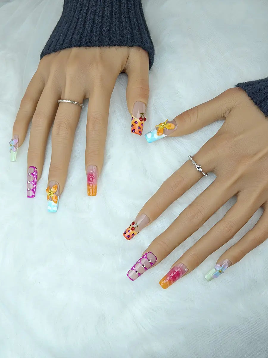 Colorful 3D Element Press-On Nails – Long Square, Sweet & Cool Style