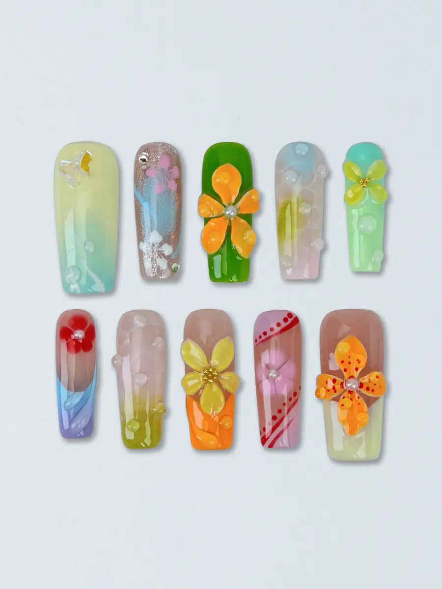 Spring Multi-Color 3D Flower Butterfly Press-On Nails – Long Square Luxury Style