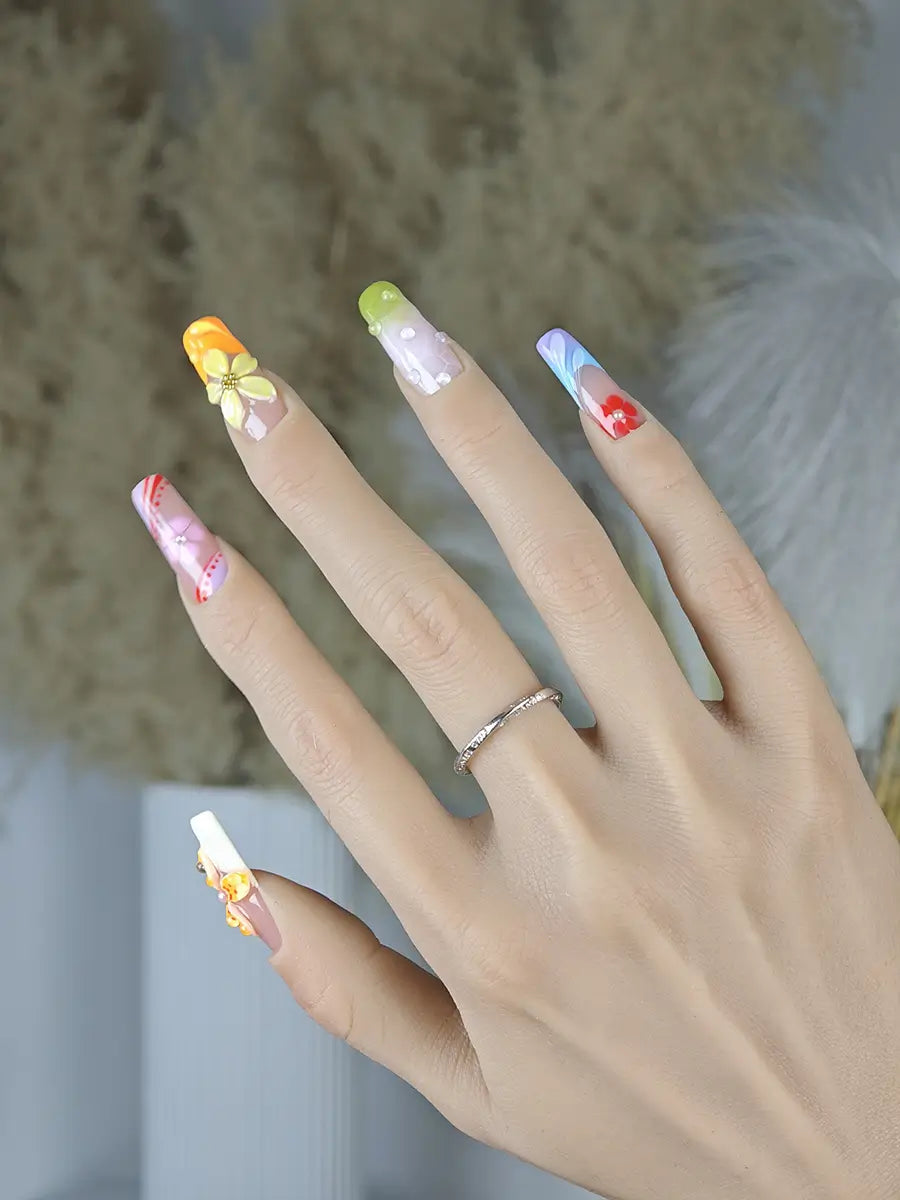 Spring Multi-Color 3D Flower Butterfly Press-On Nails – Long Square Luxury Style