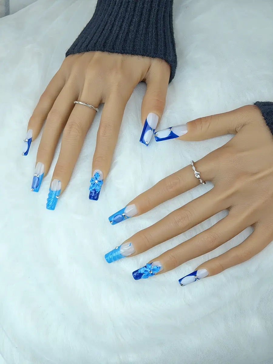 Blue & White 3D Floral Press-On Nails – Long Square, Rhinestone Accents