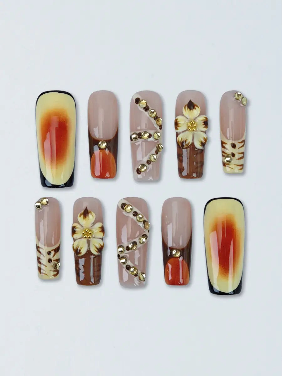 Brown Gold Gradient Luxury Press-On Nails – 3D Floral Design, Long Square Shape