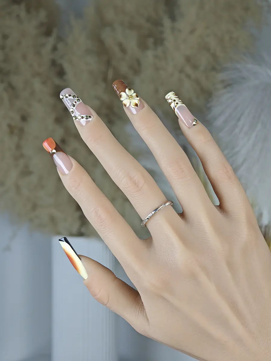 Brown Gold Gradient Luxury Press-On Nails – 3D Floral Design, Long Square Shape